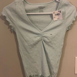 American Eagle Outfitters Mint Green Ribbed V-Neck Tee